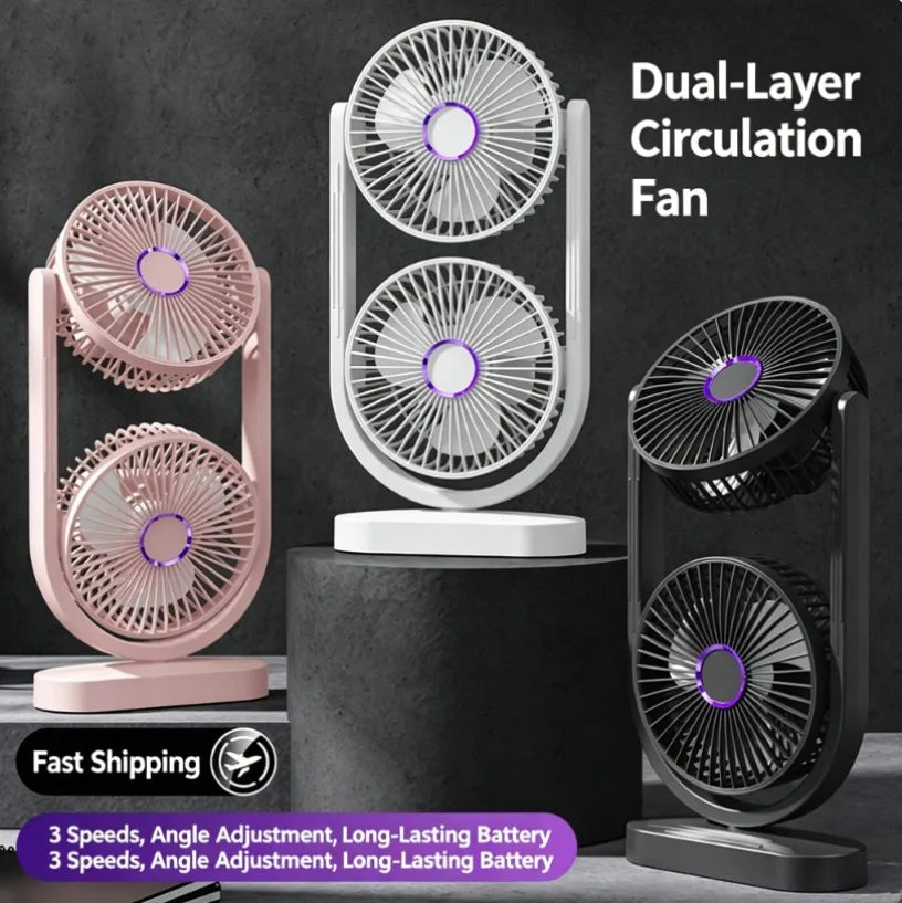 Portable Turbo Desk Fan 3 Speeds Ultra Quiet Type-C Rechargeable Dual Head Air Circulation Fan for All USB Power Sources