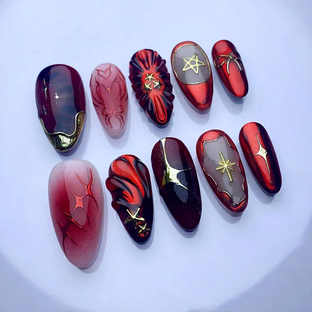 24pcs Deep Red Simple French Fake Nails Baroque Starry Ins Press on Nails For Women Wearable Detahcble Short Almond Fake Nails