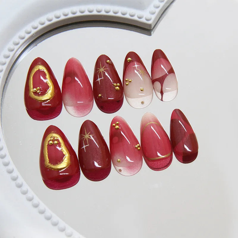 24pcs Deep Red Simple French Fake Nails Baroque Starry Ins Press on Nails For Women Wearable Detahcble Short Almond Fake Nails