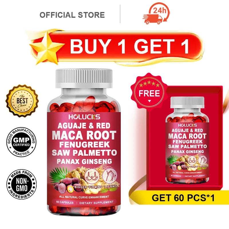 HOLUCKS Aguaje & Red Maca Capsules, with Fenugreek & Panax Ginseng, Support Curve Lifting, Skin Elasticity & Female Vitality