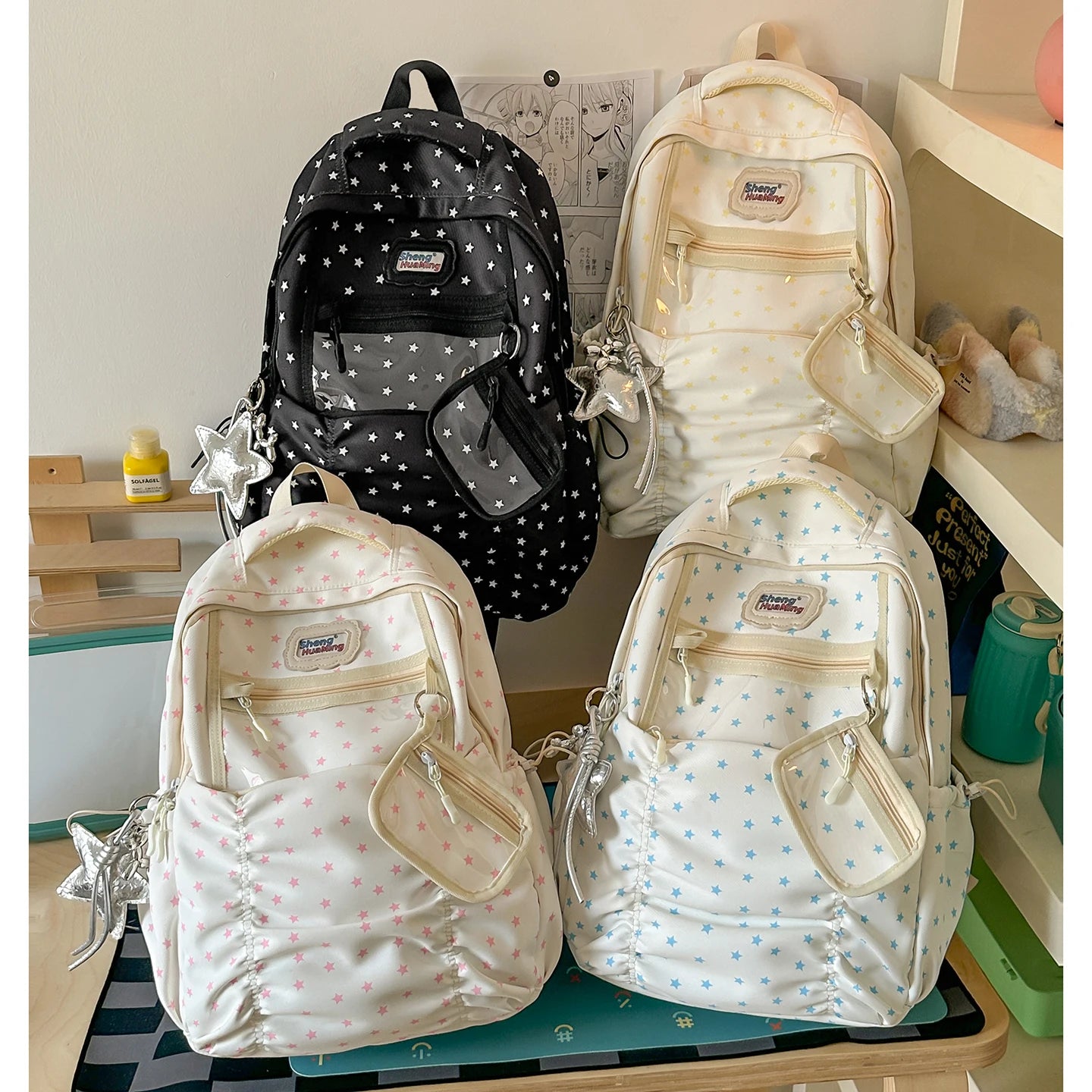 Women's Nylon Star Print Transparent Pocket Backpack Cute Casual Daily School Book Back Packs 2026 Girls Nylon Cute Backpacks