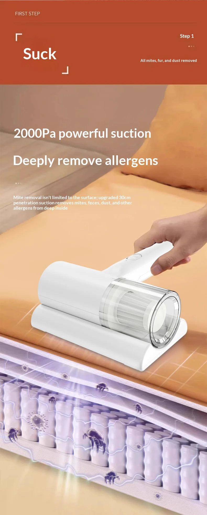 UV-C Sterilizing Cordless Handheld Vacuum, HEPA Filtration & Warm Air Dryer, Efficient Dust Mite Cleaner for Bedding, Sofa