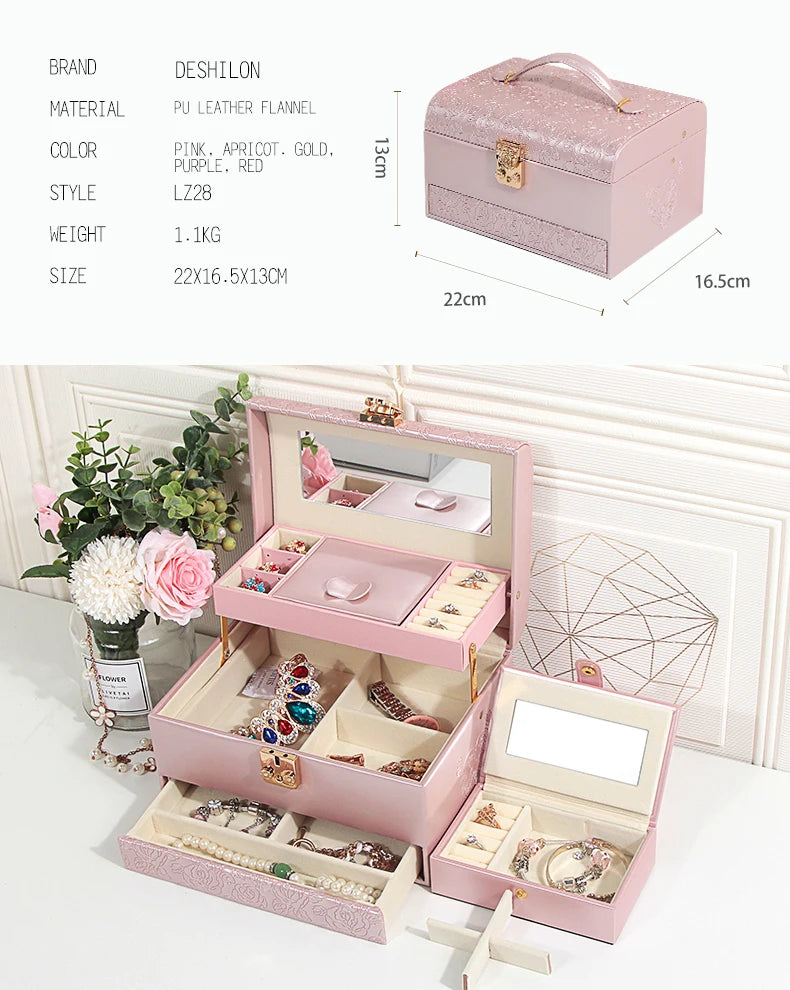 3-Layer Jewelry Storage Box with Lock for Women Watch