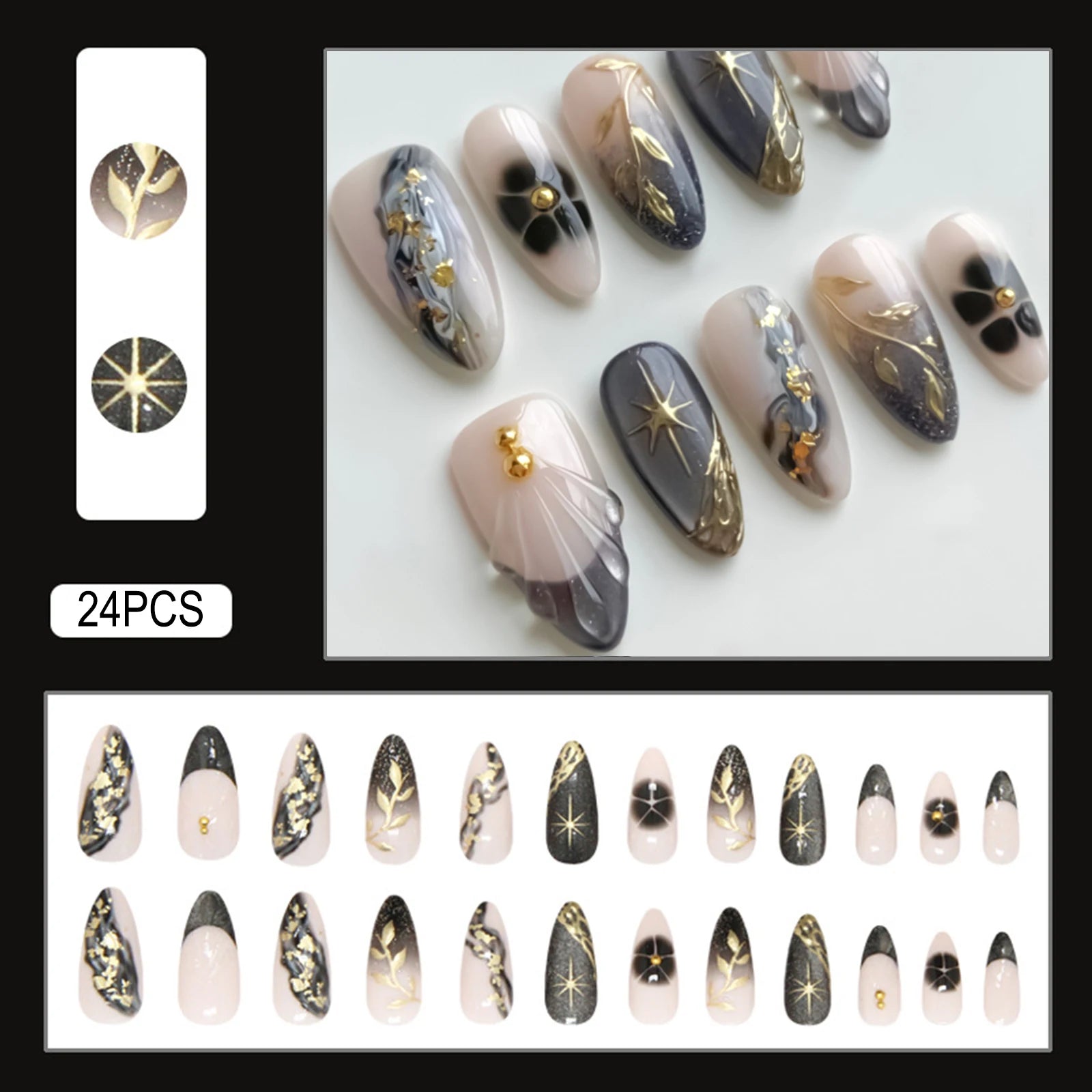 24pcs Deep Red Simple French Fake Nails Baroque Starry Ins Press on Nails For Women Wearable Detahcble Short Almond Fake Nails
