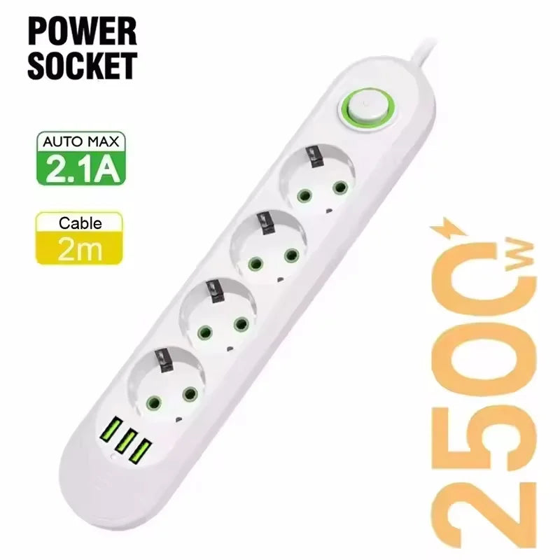 2500W EU Plug AC Outlet Multiprise Power Strip 2m Extension Cord Electrical Socket Network Filter With USB Ports Fast Charging