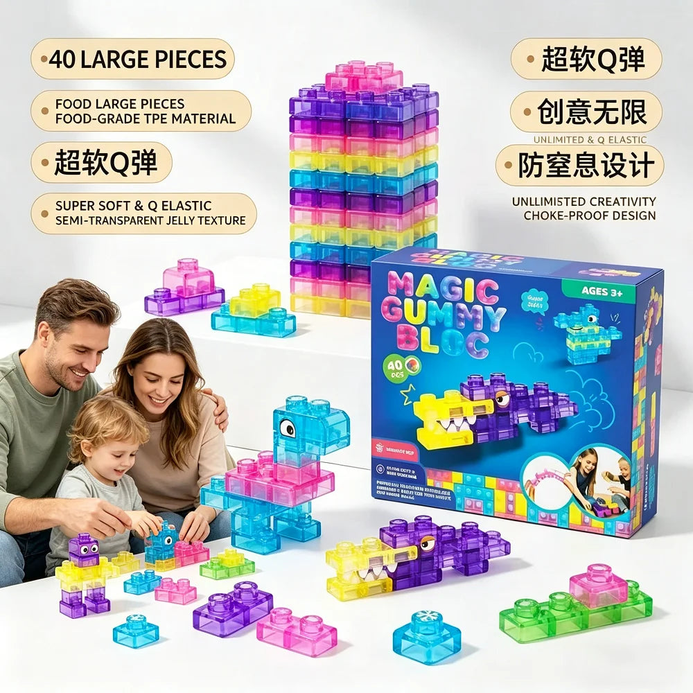 40PCS Magic Gummy Bloc Soft Building Blocks for Kids, Food-Grade TPE Sensory Stacking Toys, Transparent Jelly Bricks, Educationa