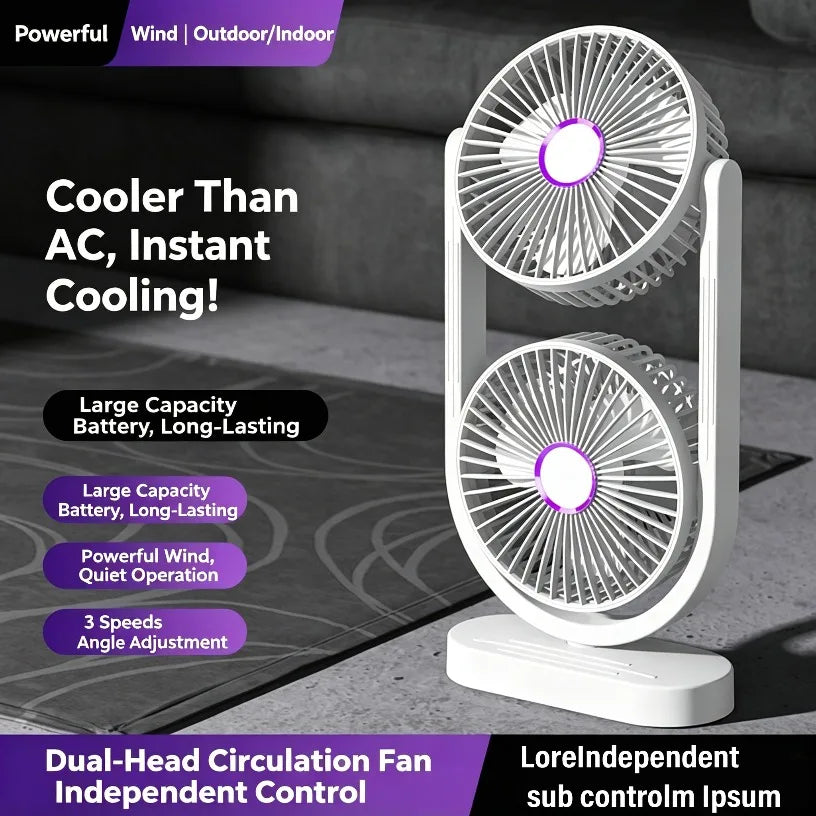 Portable Turbo Desk Fan 3 Speeds Ultra Quiet Type-C Rechargeable Dual Head Air Circulation Fan for All USB Power Sources