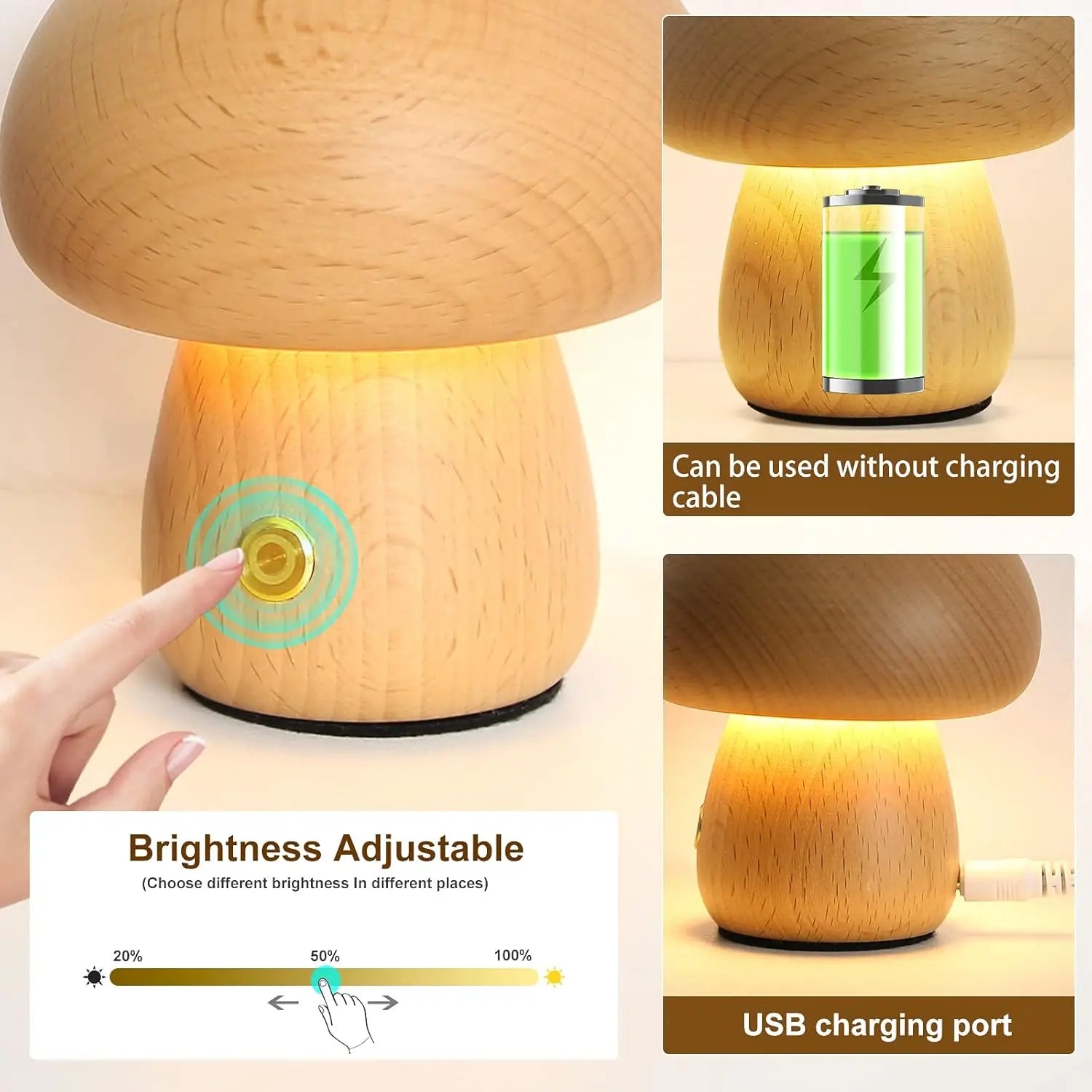 INS Wooden Creative Mushroom Night Light Stepless Dimming Bedside Table Lamp 3 Color Rechargeable Sleeping Nightlights For Room