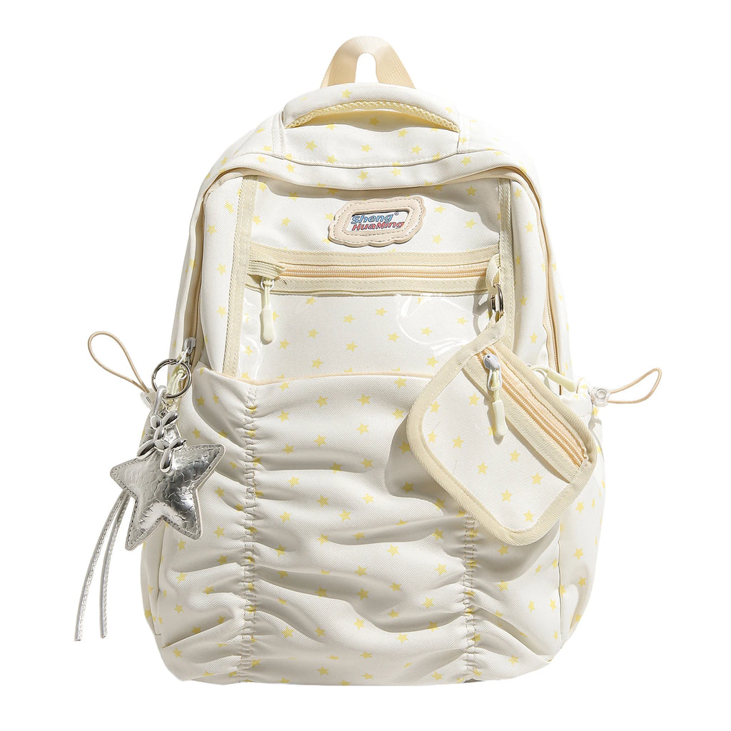 Women's Nylon Star Print Transparent Pocket Backpack Cute Casual Daily School Book Back Packs 2026 Girls Nylon Cute Backpacks