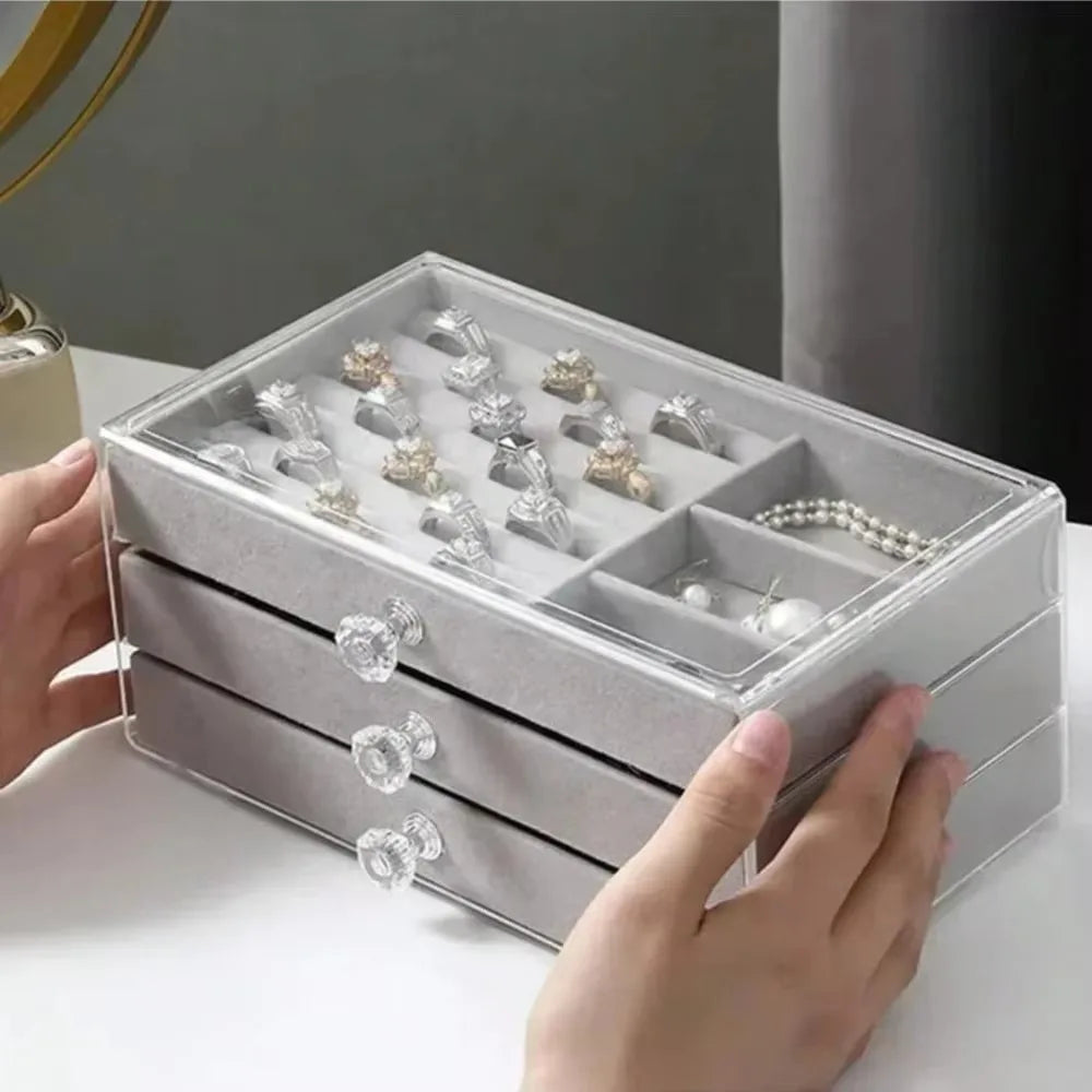 1PC Stackable 3 Layers Drawer Style Jewelry Box Beige Gray Desktop Storage Organizer for Earrings Rings Necklaces Bracelets