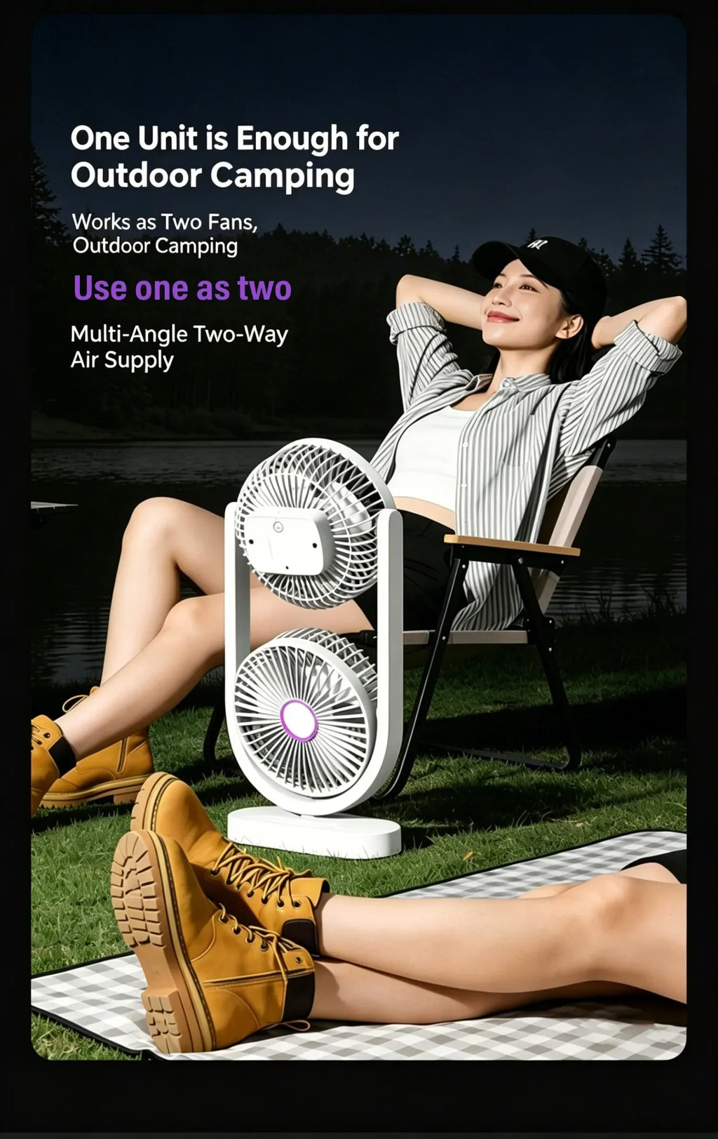 Portable Turbo Desk Fan 3 Speeds Ultra Quiet Type-C Rechargeable Dual Head Air Circulation Fan for All USB Power Sources