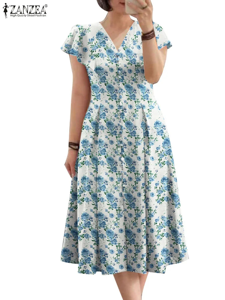 ZANZEA Women Fashion All-over Floral Print Party Dress Elegant V Neck Ruffle Short Sleeve Midi Dresses Casual A-line Vestidos