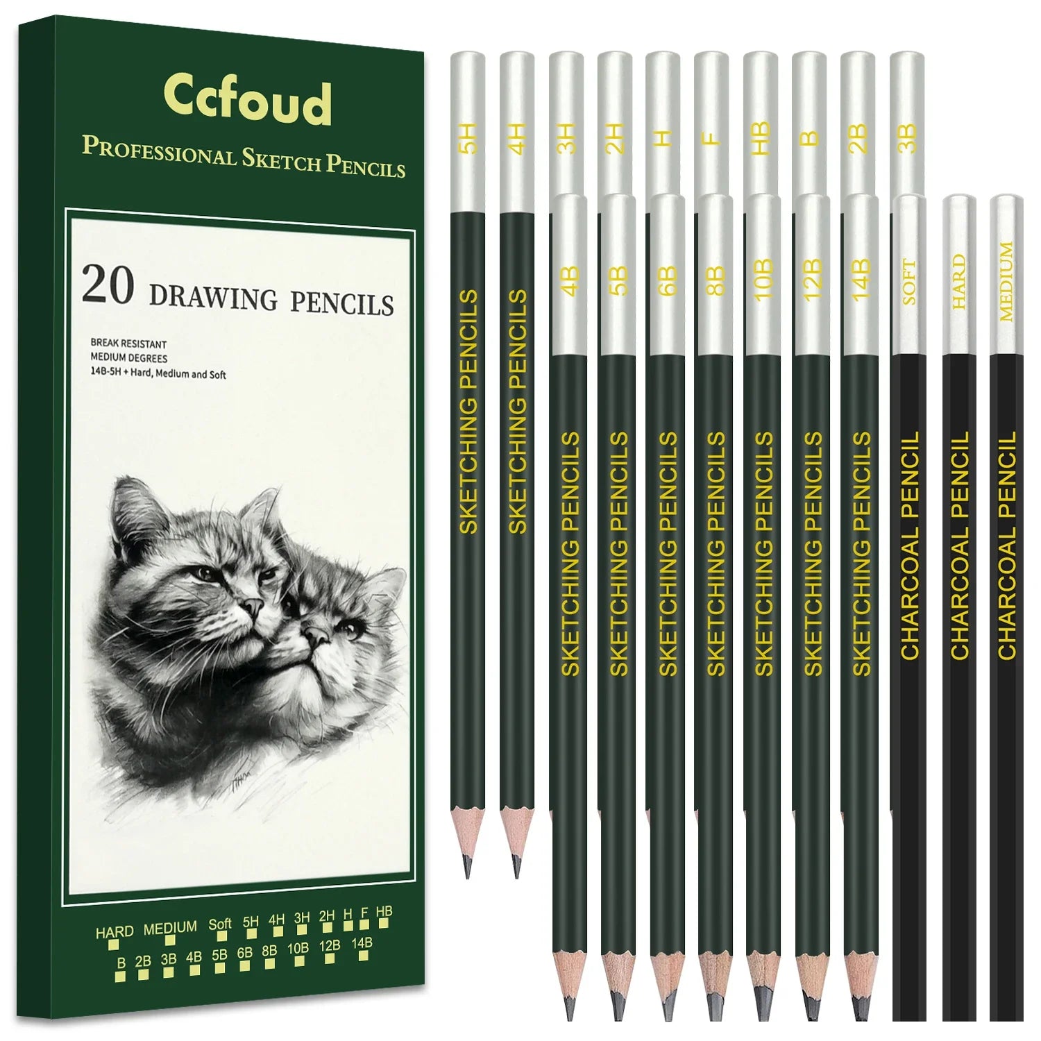 6/29 pcs Pro Sketching Drawing Pencils Set with Roll-Up Nylon Case,14 Graphite Pencils (14B-5H), Charcoal Pencils,Erasers
