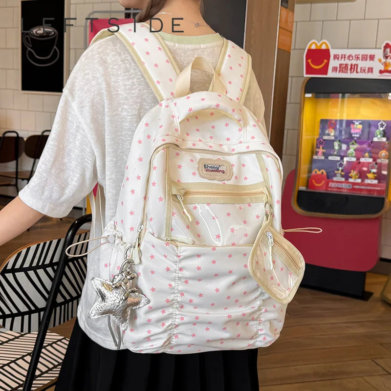Women's Nylon Star Print Transparent Pocket Backpack Cute Casual Daily School Book Back Packs 2026 Girls Nylon Cute Backpacks