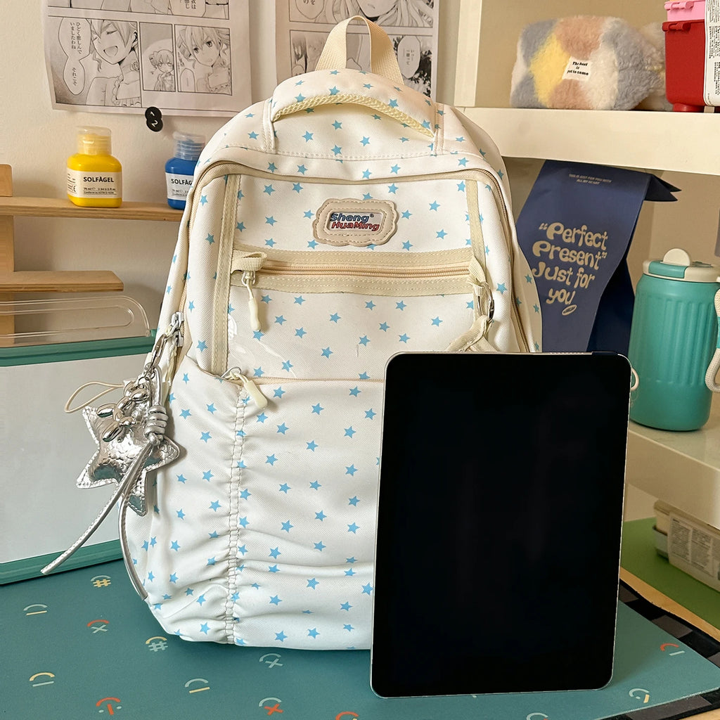 Women's Nylon Star Print Transparent Pocket Backpack Cute Casual Daily School Book Back Packs 2026 Girls Nylon Cute Backpacks
