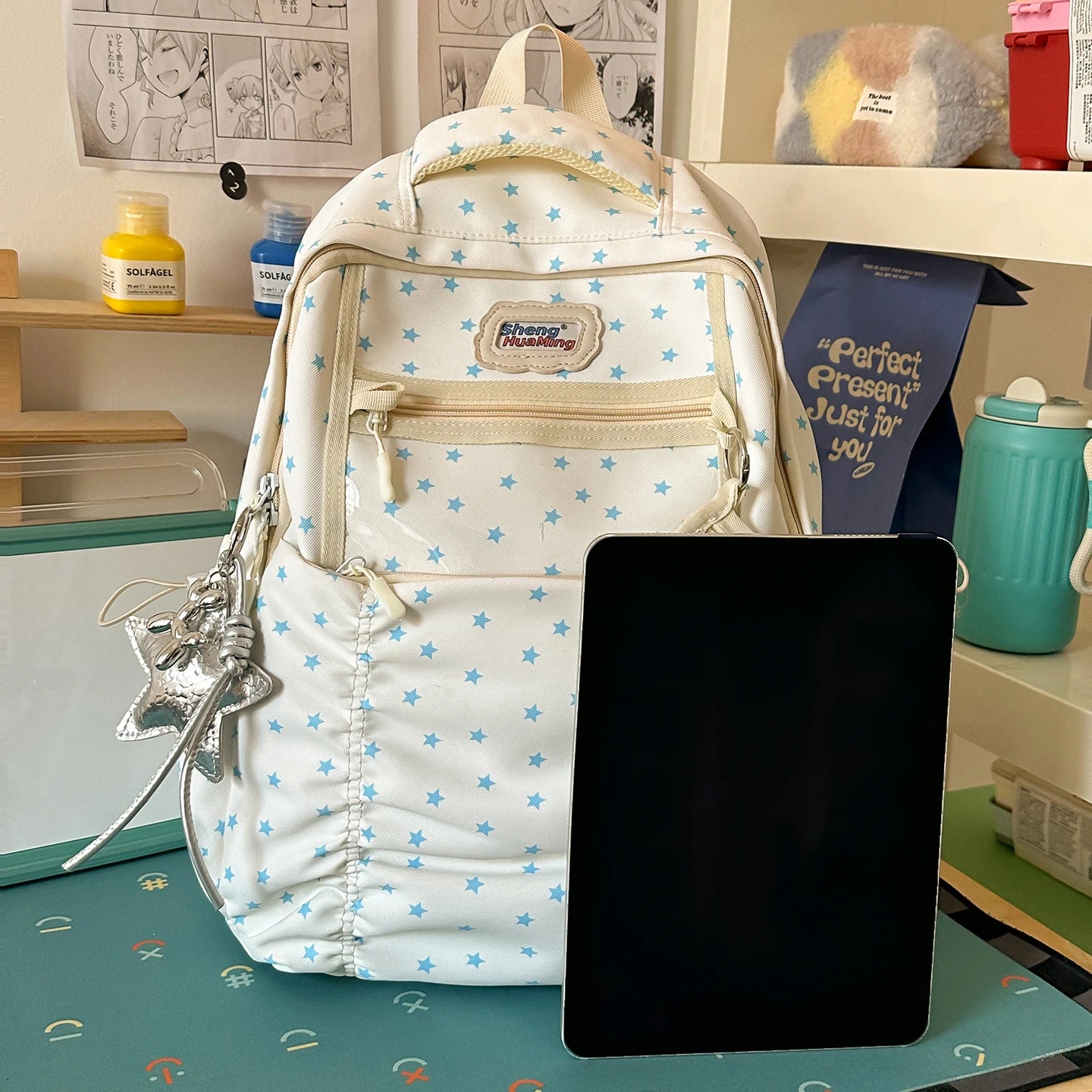 Women's Nylon Star Print Transparent Pocket Backpack Cute Casual Daily School Book Back Packs 2026 Girls Nylon Cute Backpacks