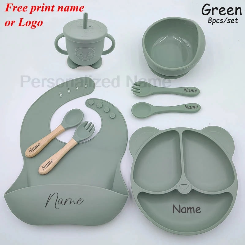 Baby Feeding Plate For Kids Personalized Baby's Name Feeding Sets Cartoon Bear Plate Customized Silicone Tableware For Children