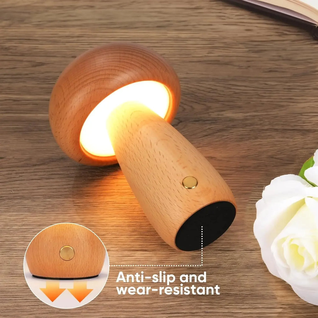 INS Wooden Creative Mushroom Night Light Stepless Dimming Bedside Table Lamp 3 Color Rechargeable Sleeping Nightlights For Room