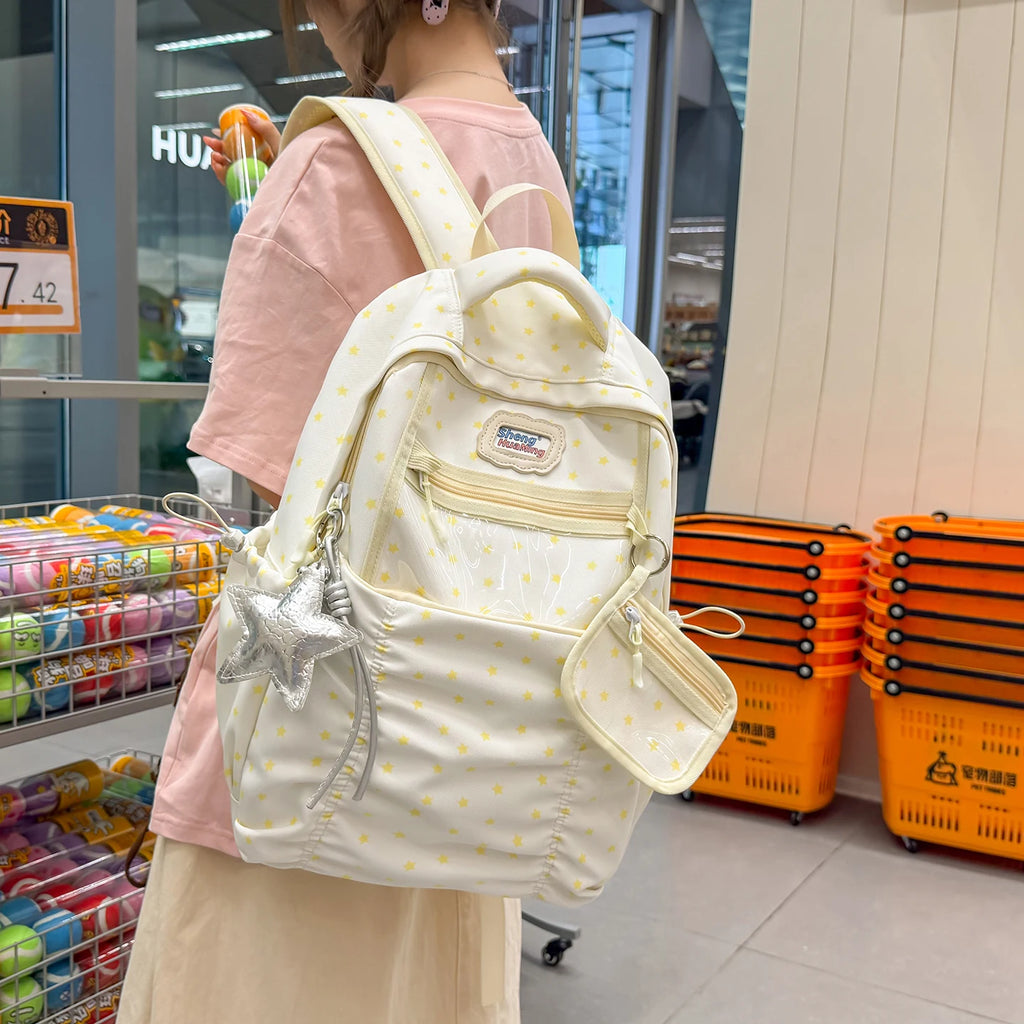 Women's Nylon Star Print Transparent Pocket Backpack Cute Casual Daily School Book Back Packs 2026 Girls Nylon Cute Backpacks