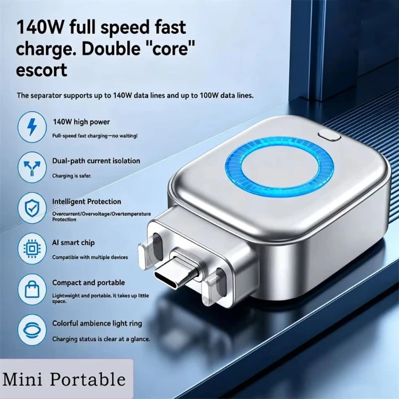 New Portable Intelligent Full Charge Separator Adapter Auto Power-Off Safe Overnight Stay 140W Type-C Fast Charging Converter