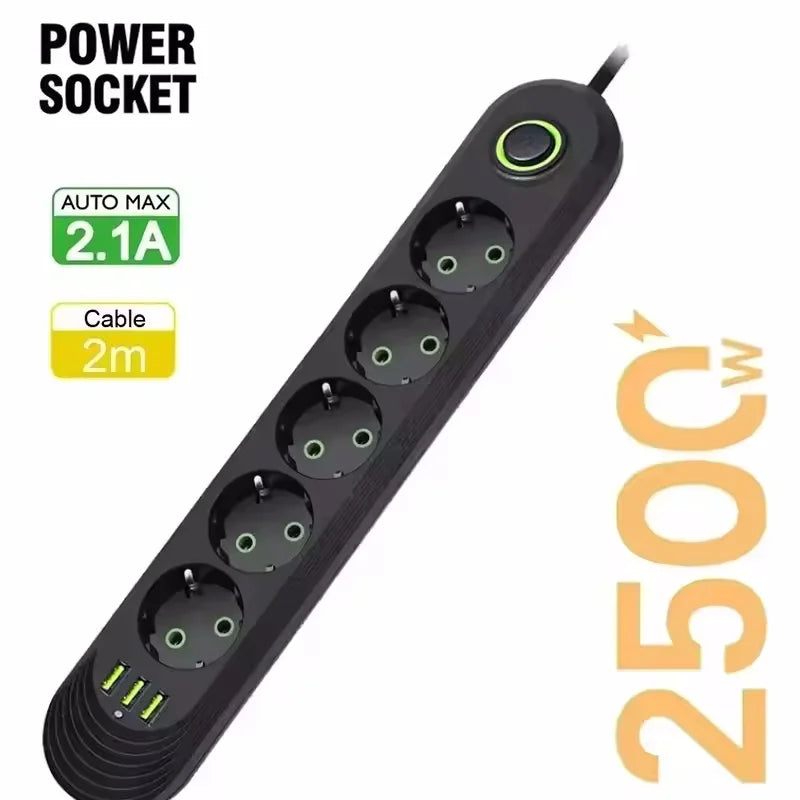 2500W EU Plug AC Outlet Multiprise Power Strip 2m Extension Cord Electrical Socket Network Filter With USB Ports Fast Charging