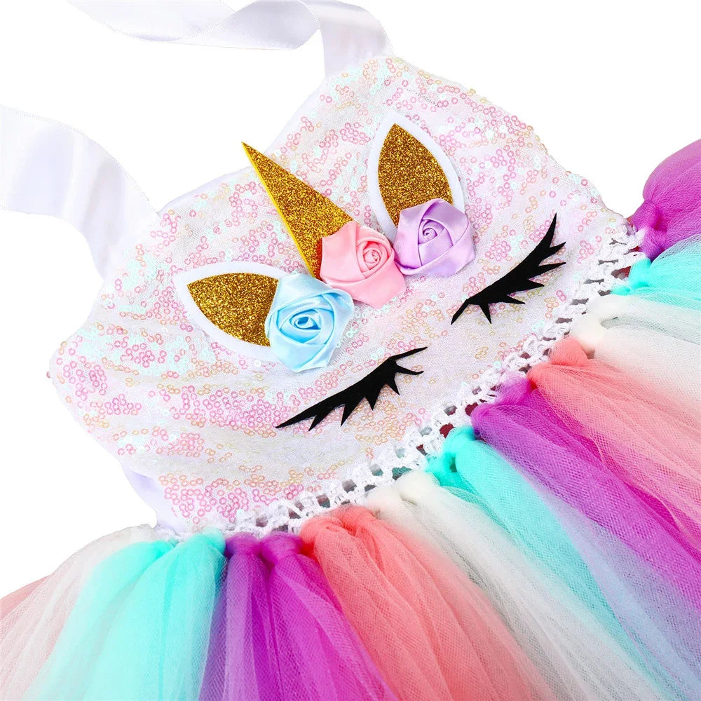 Sequins Girls Unicorn Tutu Dress Costume Flower Girls Tulle Princess Dress Toddler Kids Halloween Birthday Party Dress Up Outfit