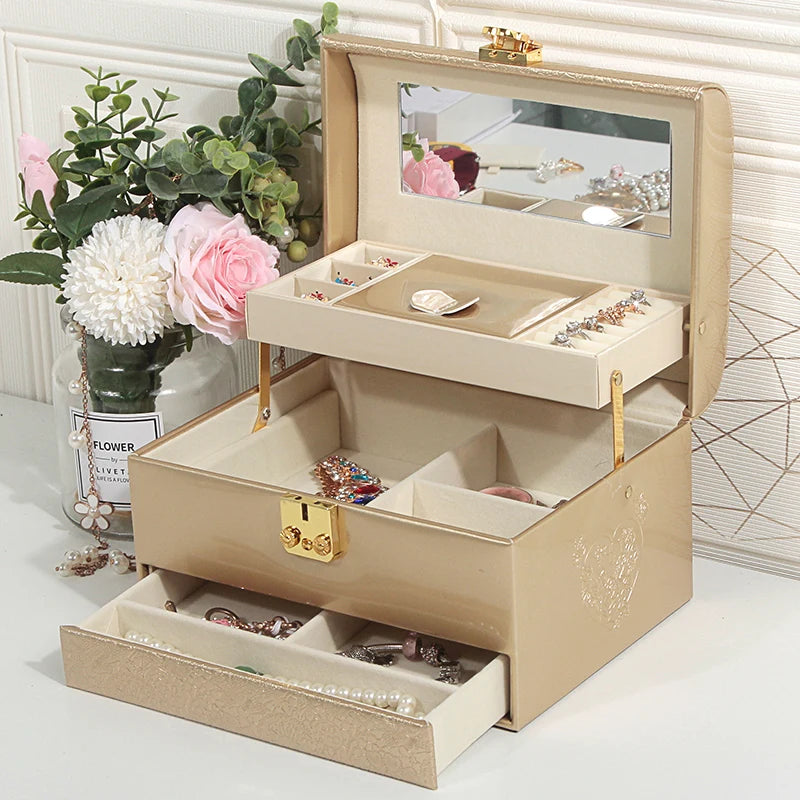 3-Layer Jewelry Storage Box with Lock for Women Watch