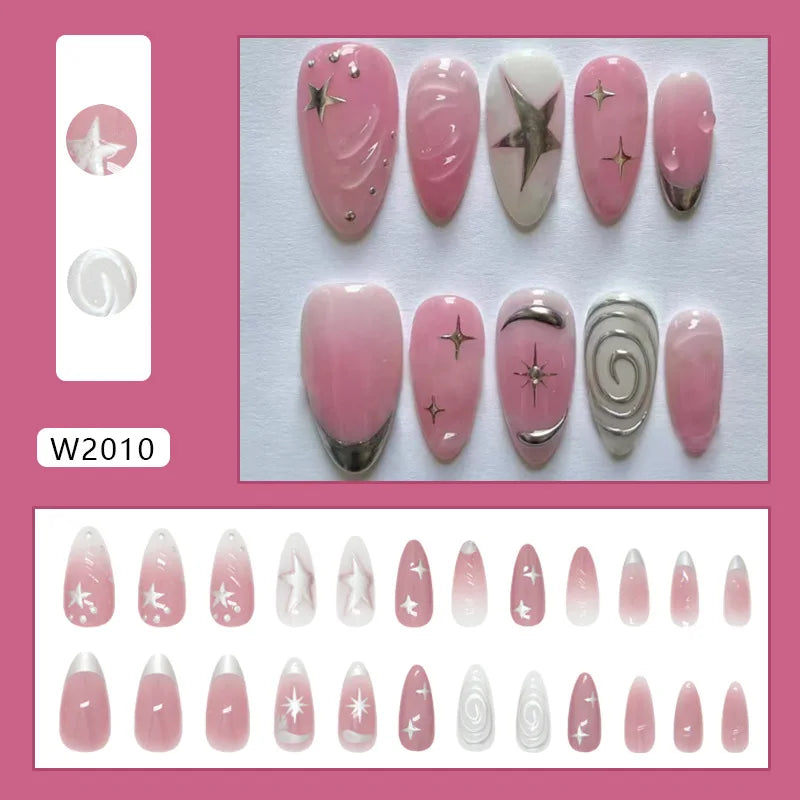 24pcs Deep Red Simple French Fake Nails Baroque Starry Ins Press on Nails For Women Wearable Detahcble Short Almond Fake Nails