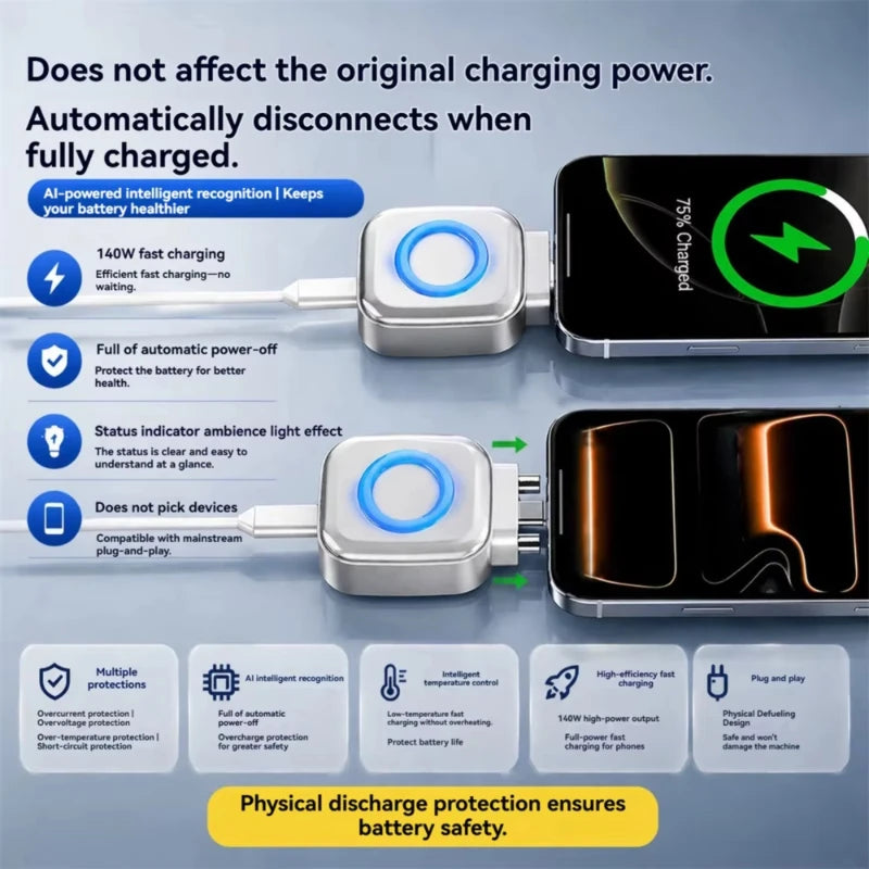 New Portable Intelligent Full Charge Separator Adapter Auto Power-Off Safe Overnight Stay 140W Type-C Fast Charging Converter