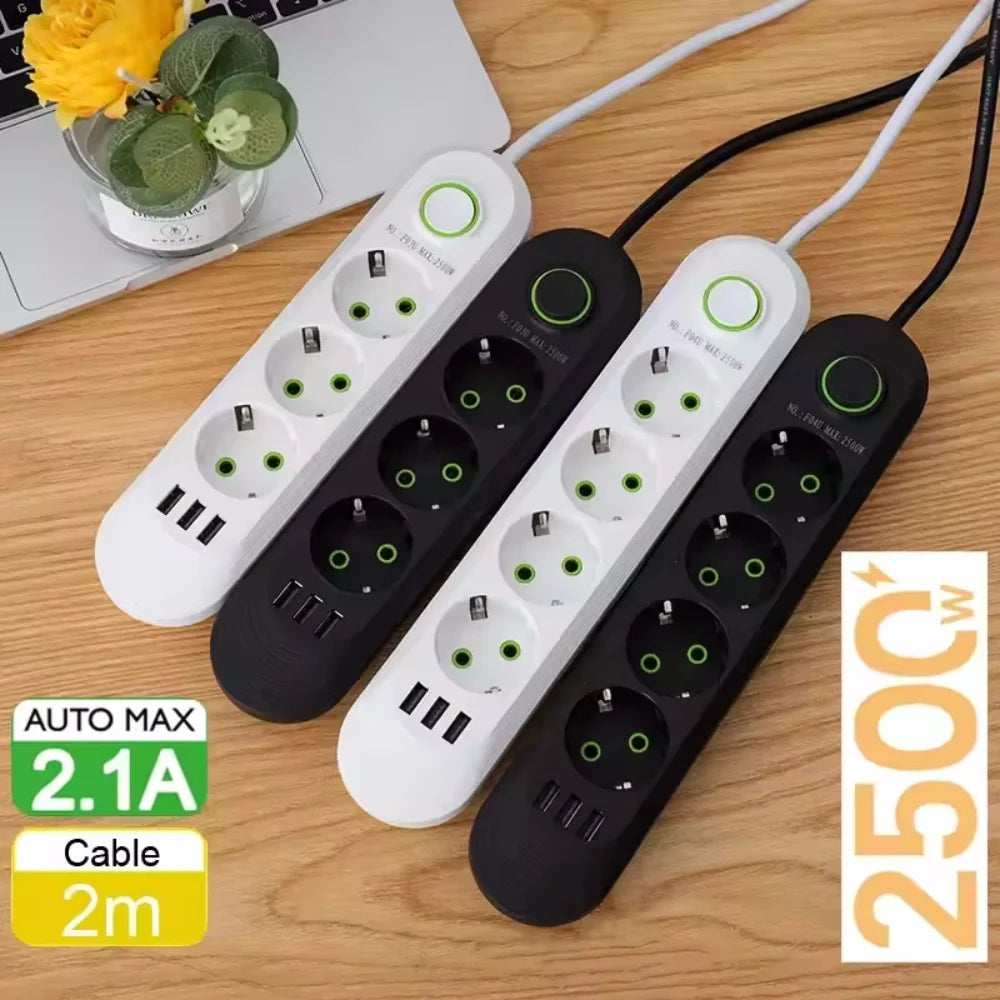 2500W EU Plug AC Outlet Multiprise Power Strip 2m Extension Cord Electrical Socket Network Filter With USB Ports Fast Charging