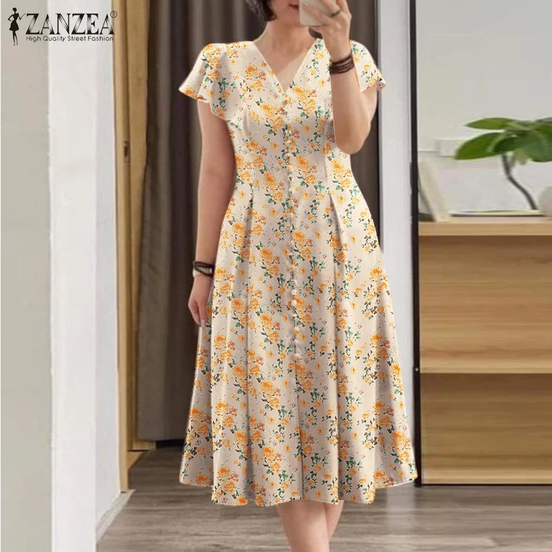 ZANZEA Women Fashion All-over Floral Print Party Dress Elegant V Neck Ruffle Short Sleeve Midi Dresses Casual A-line Vestidos