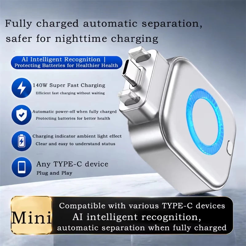 New Portable Intelligent Full Charge Separator Adapter Auto Power-Off Safe Overnight Stay 140W Type-C Fast Charging Converter