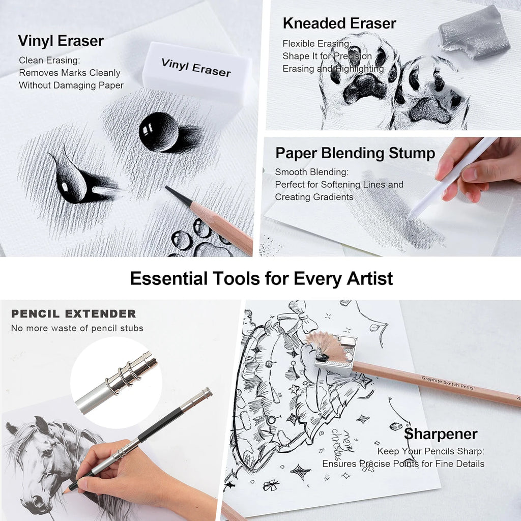 6/29 pcs Pro Sketching Drawing Pencils Set with Roll-Up Nylon Case,14 Graphite Pencils (14B-5H), Charcoal Pencils,Erasers