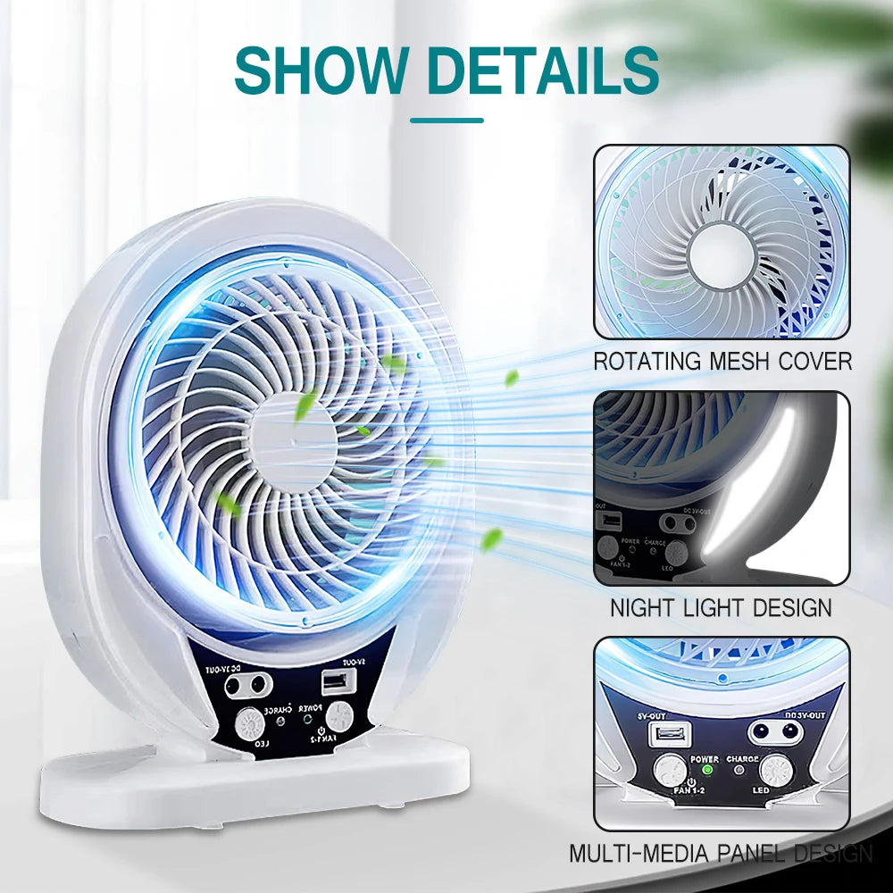 Portable Solar Fan Rechargeable Solar Powered Camping Fan with LED Bulb USB Ports Home Office Cooling Air Fan