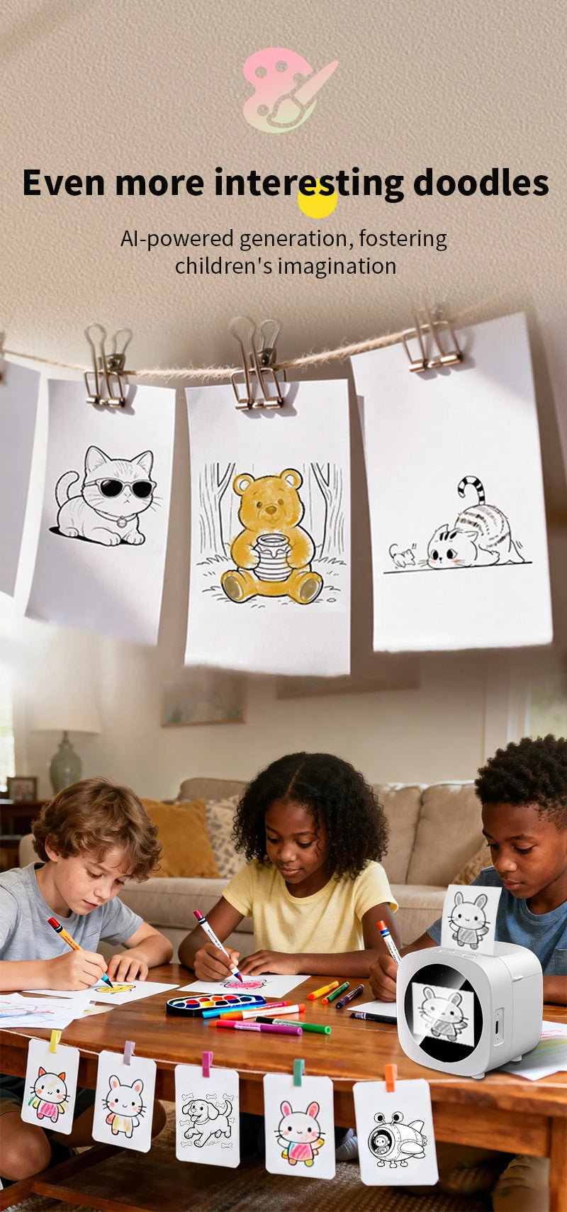 New AI Sticker Box AI Voice Activated Sticker Maker for Kids Instant Inkless Thermal Printer with Push-to-Talk Image Generation