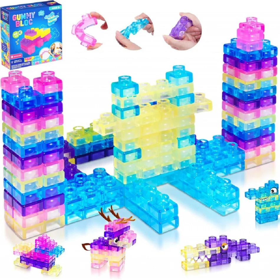 40PCS Magic Gummy Bloc Soft Building Blocks for Kids, Food-Grade TPE Sensory Stacking Toys, Transparent Jelly Bricks, Educationa