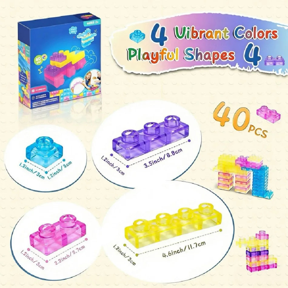 40PCS Magic Gummy Bloc Soft Building Blocks for Kids, Food-Grade TPE Sensory Stacking Toys, Transparent Jelly Bricks, Educationa