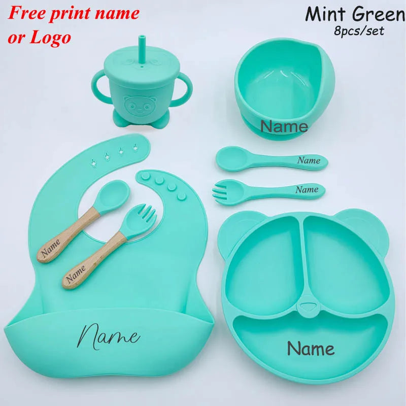 Baby Feeding Plate For Kids Personalized Baby's Name Feeding Sets Cartoon Bear Plate Customized Silicone Tableware For Children