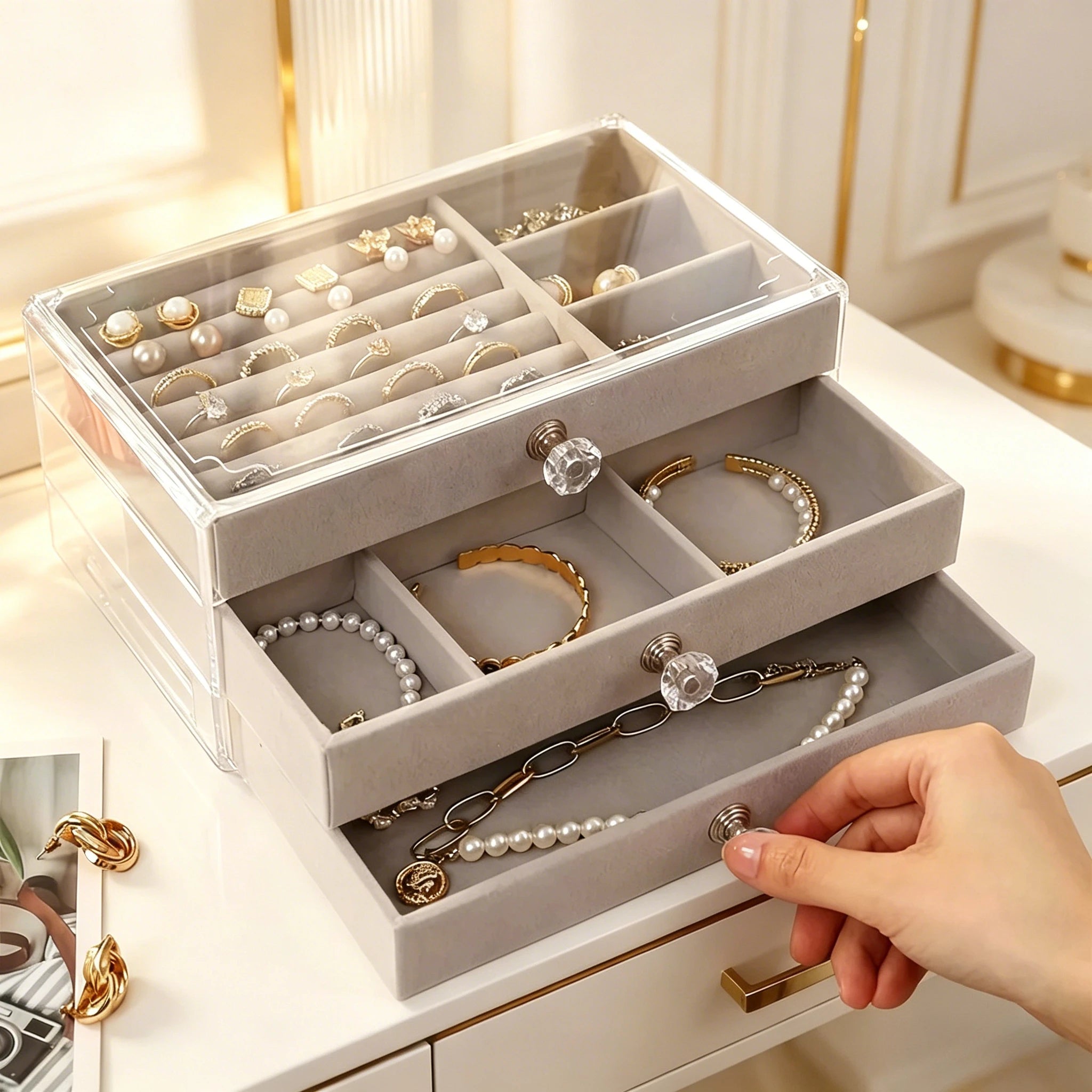 1PC Stackable 3 Layers Drawer Style Jewelry Box Beige Gray Desktop Storage Organizer for Earrings Rings Necklaces Bracelets