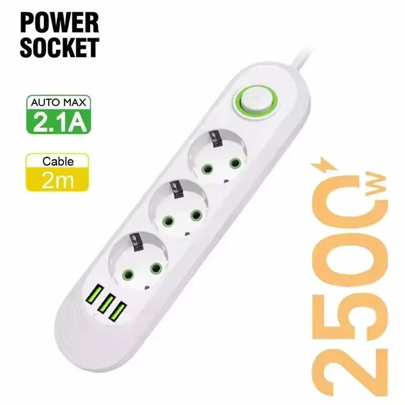 2500W EU Plug AC Outlet Multiprise Power Strip 2m Extension Cord Electrical Socket Network Filter With USB Ports Fast Charging