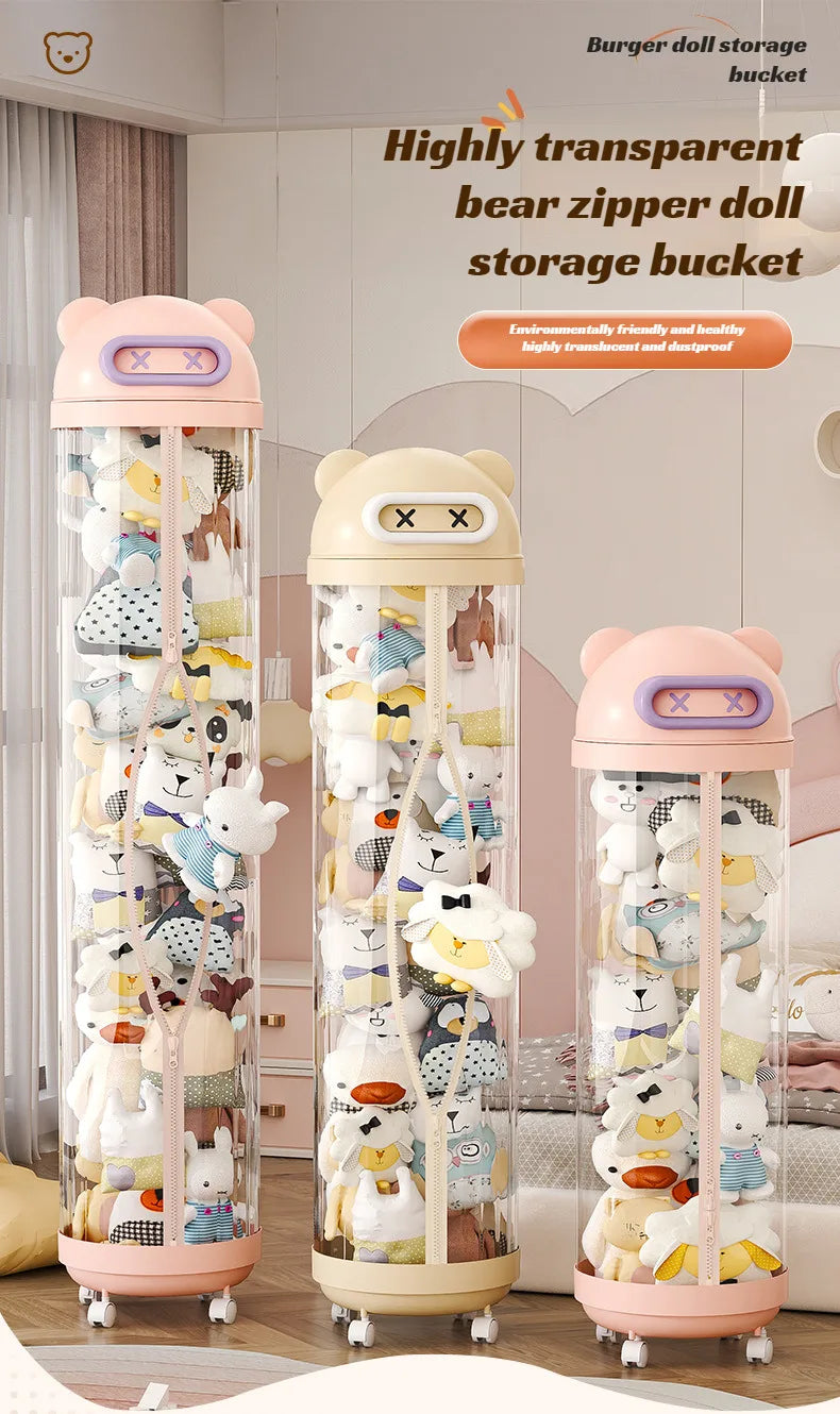 Large Transparent Toy Storage Bucket with Wheels – Kids’ Plush Organizer
