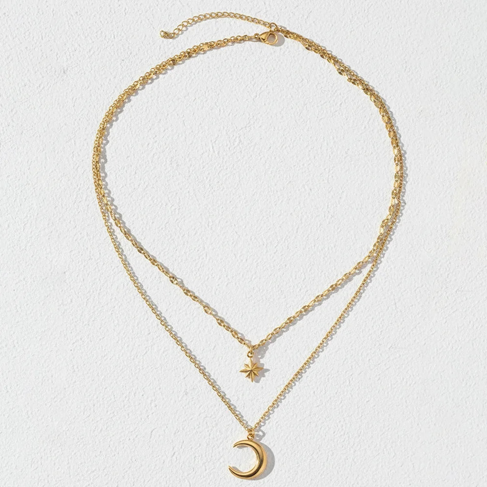 DOTIFI Stainless Steel Eight-Pointed Star Moon Pendant Double-Layer Necklace Women's Fashion Minimalist Commuter Chain Jewelry