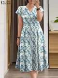 ZANZEA Women Fashion All-over Floral Print Party Dress Elegant V Neck Ruffle Short Sleeve Midi Dresses Casual A-line Vestidos