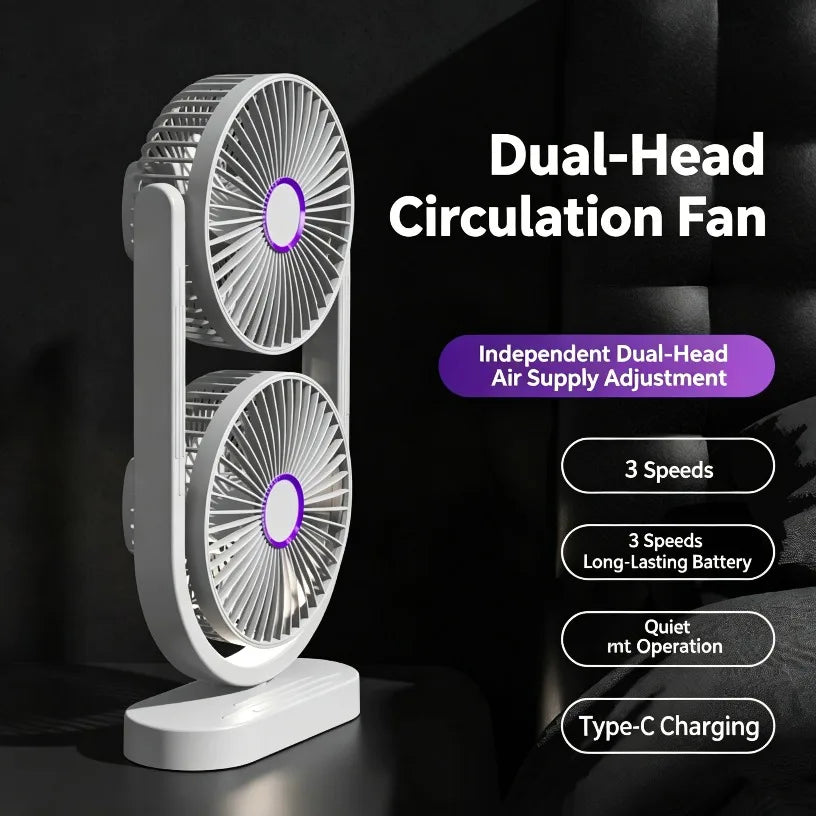 Portable Turbo Desk Fan 3 Speeds Ultra Quiet Type-C Rechargeable Dual Head Air Circulation Fan for All USB Power Sources