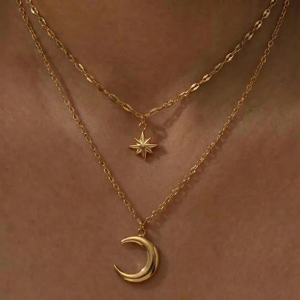 DOTIFI Stainless Steel Eight-Pointed Star Moon Pendant Double-Layer Necklace Women's Fashion Minimalist Commuter Chain Jewelry