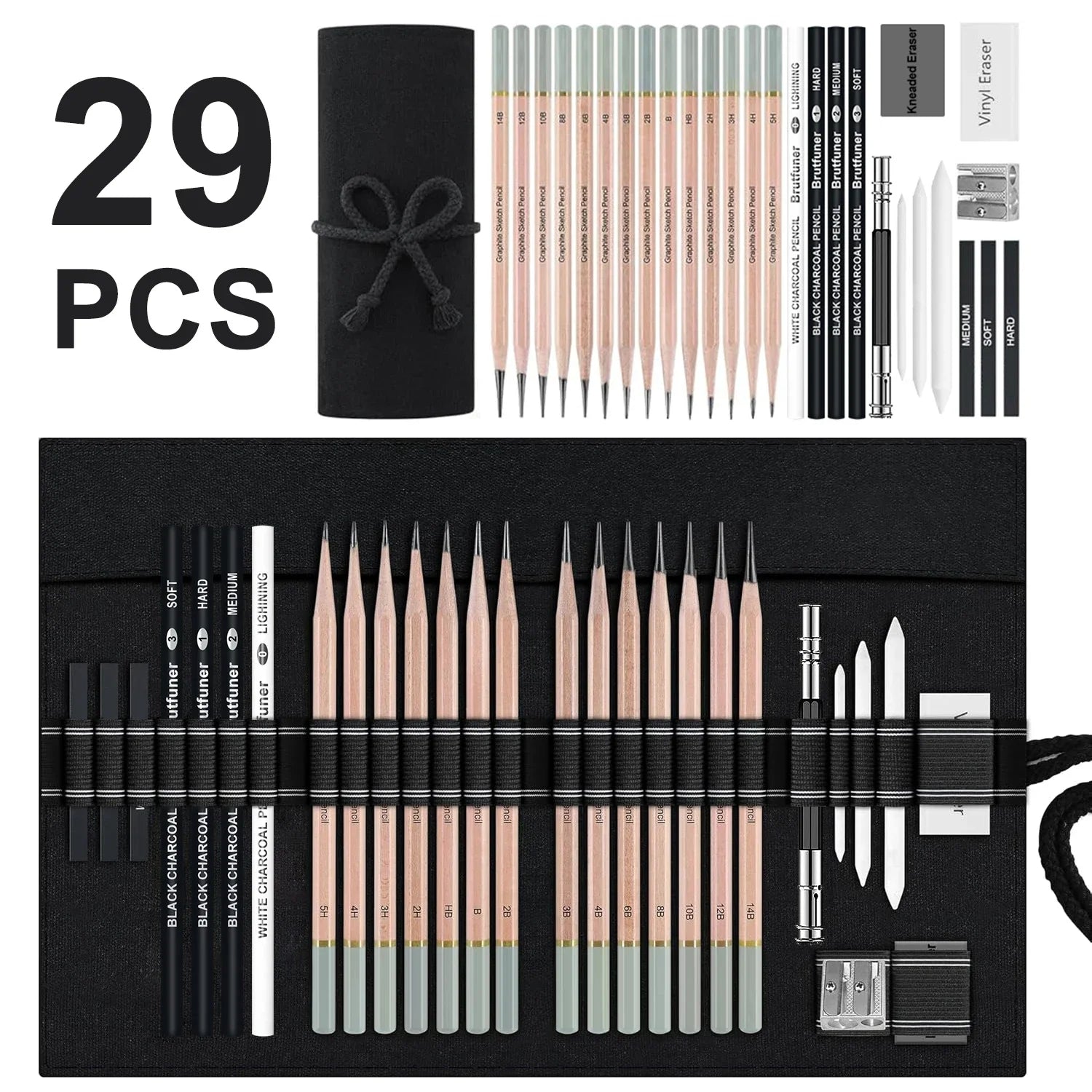 6/29 pcs Pro Sketching Drawing Pencils Set with Roll-Up Nylon Case,14 Graphite Pencils (14B-5H), Charcoal Pencils,Erasers