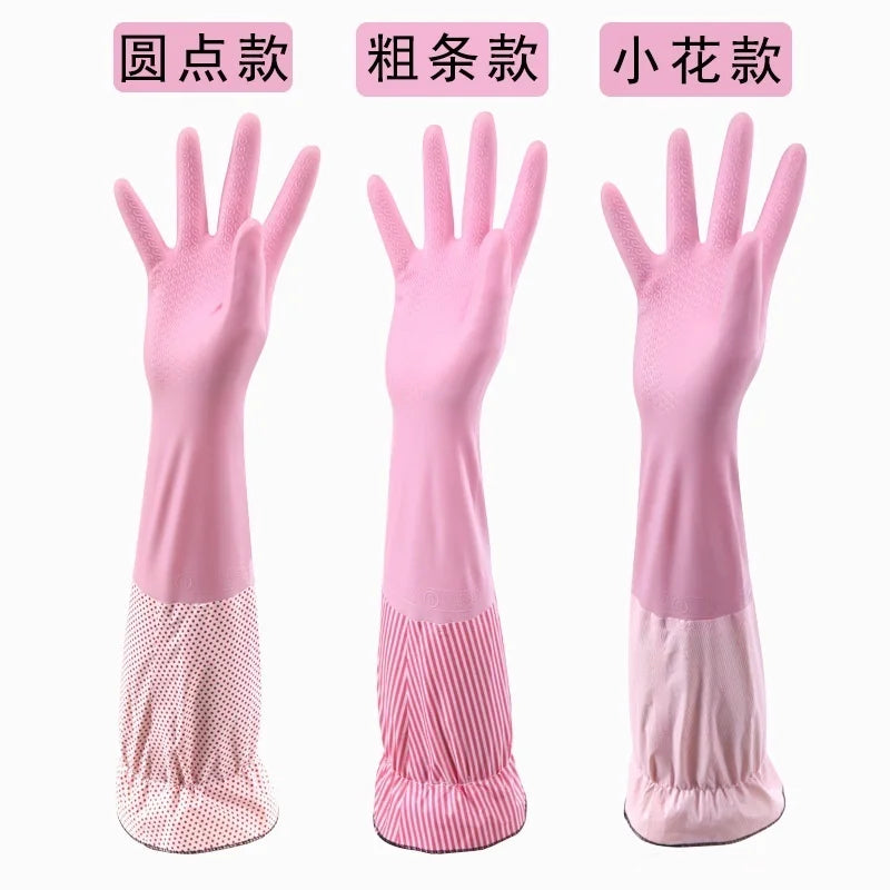 1 Pair Fashion Hemming Plus Velvet Warm Housework Gloves Kitchen Clean Durable Dish Washing Rubber Gloves