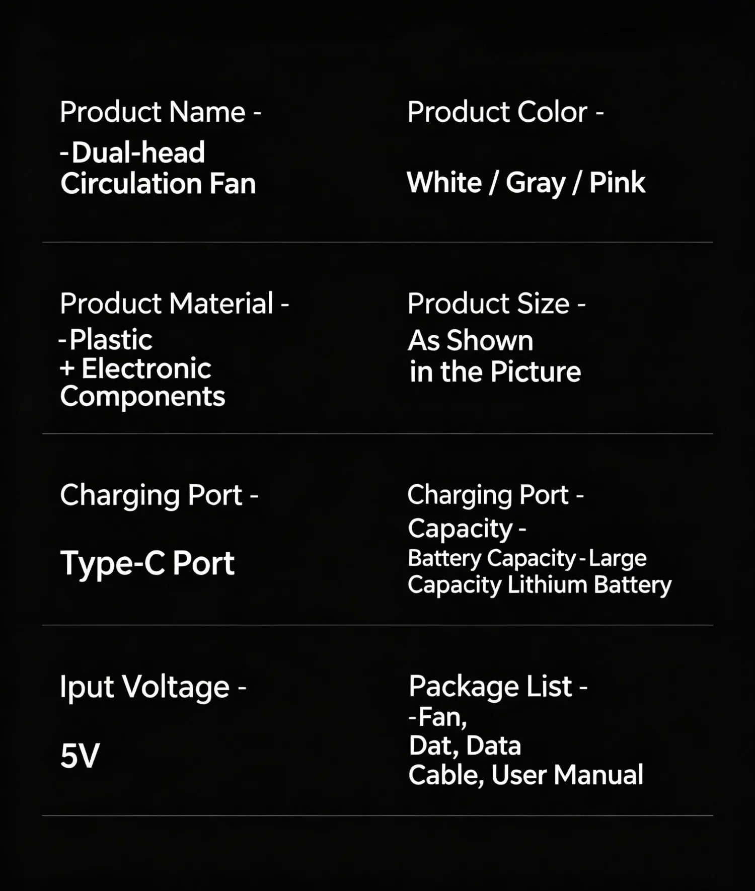 Portable Turbo Desk Fan 3 Speeds Ultra Quiet Type-C Rechargeable Dual Head Air Circulation Fan for All USB Power Sources