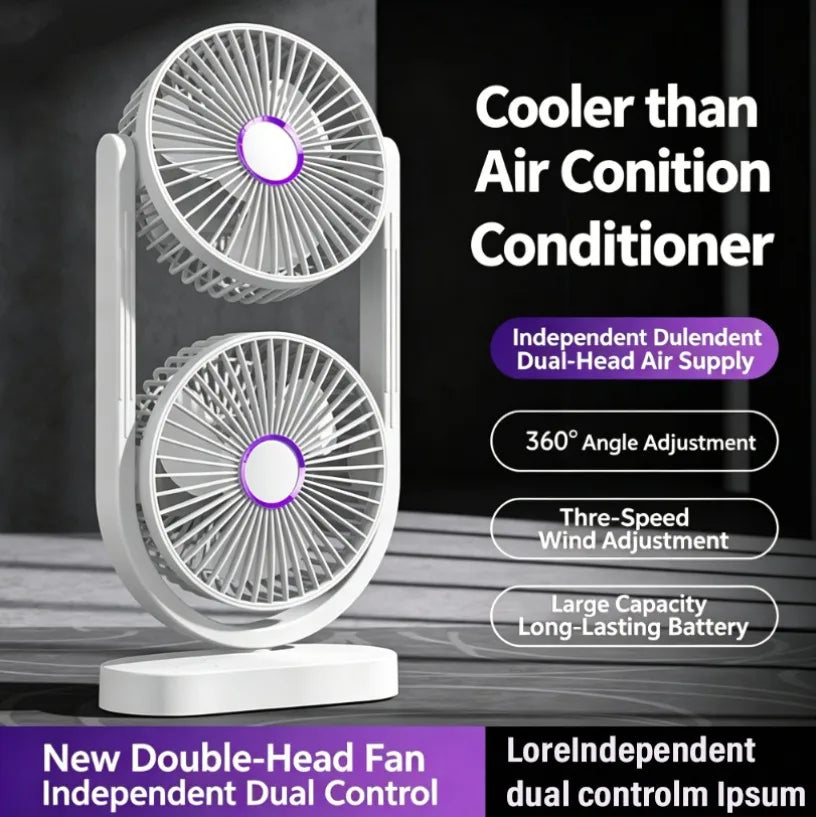 Portable Turbo Desk Fan 3 Speeds Ultra Quiet Type-C Rechargeable Dual Head Air Circulation Fan for All USB Power Sources