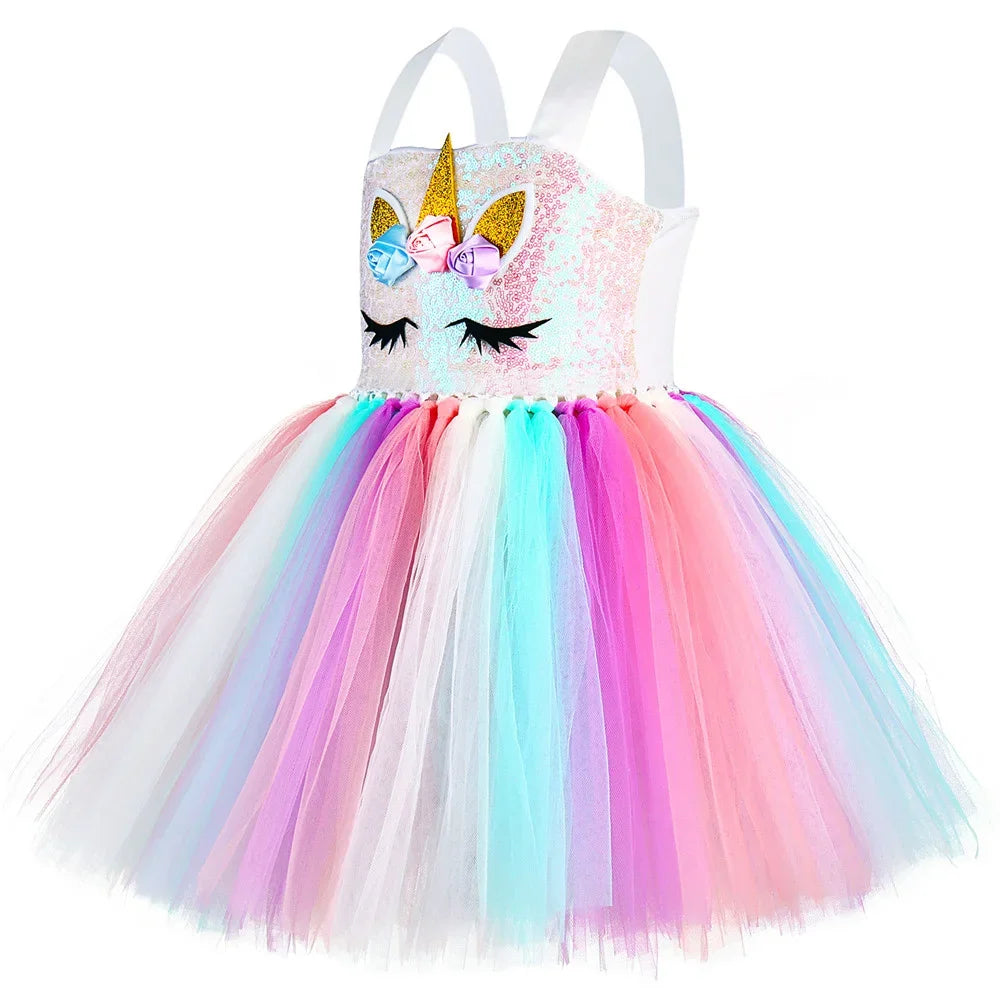 Sequins Girls Unicorn Tutu Dress Costume Flower Girls Tulle Princess Dress Toddler Kids Halloween Birthday Party Dress Up Outfit